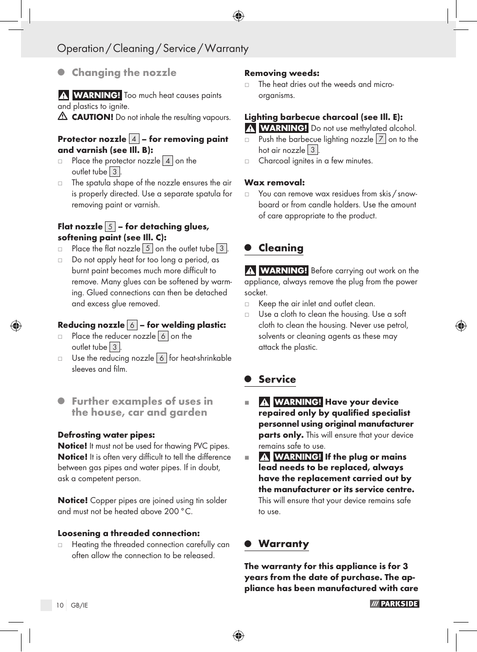Operation / cleaning / service / warranty, Changing the nozzle, Cleaning | Service, Warranty | Parkside PHLG 2000 B1 User Manual | Page 9 / 12