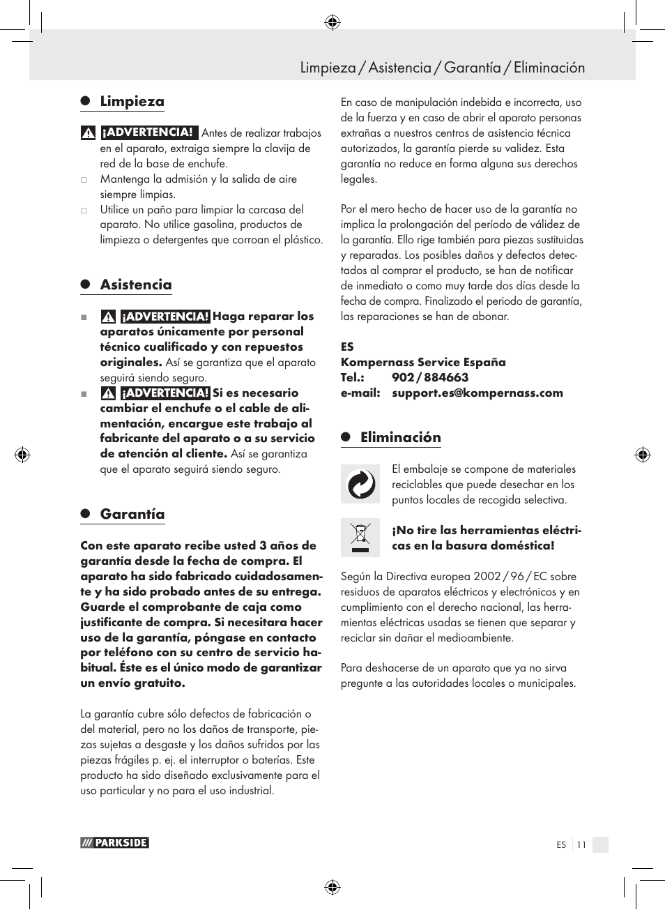 Limpieza / asistencia / garantía / eliminación, Limpieza, Asistencia | Garantía, Eliminación | Parkside PHLG 2000 B1 User Manual | Page 10 / 44