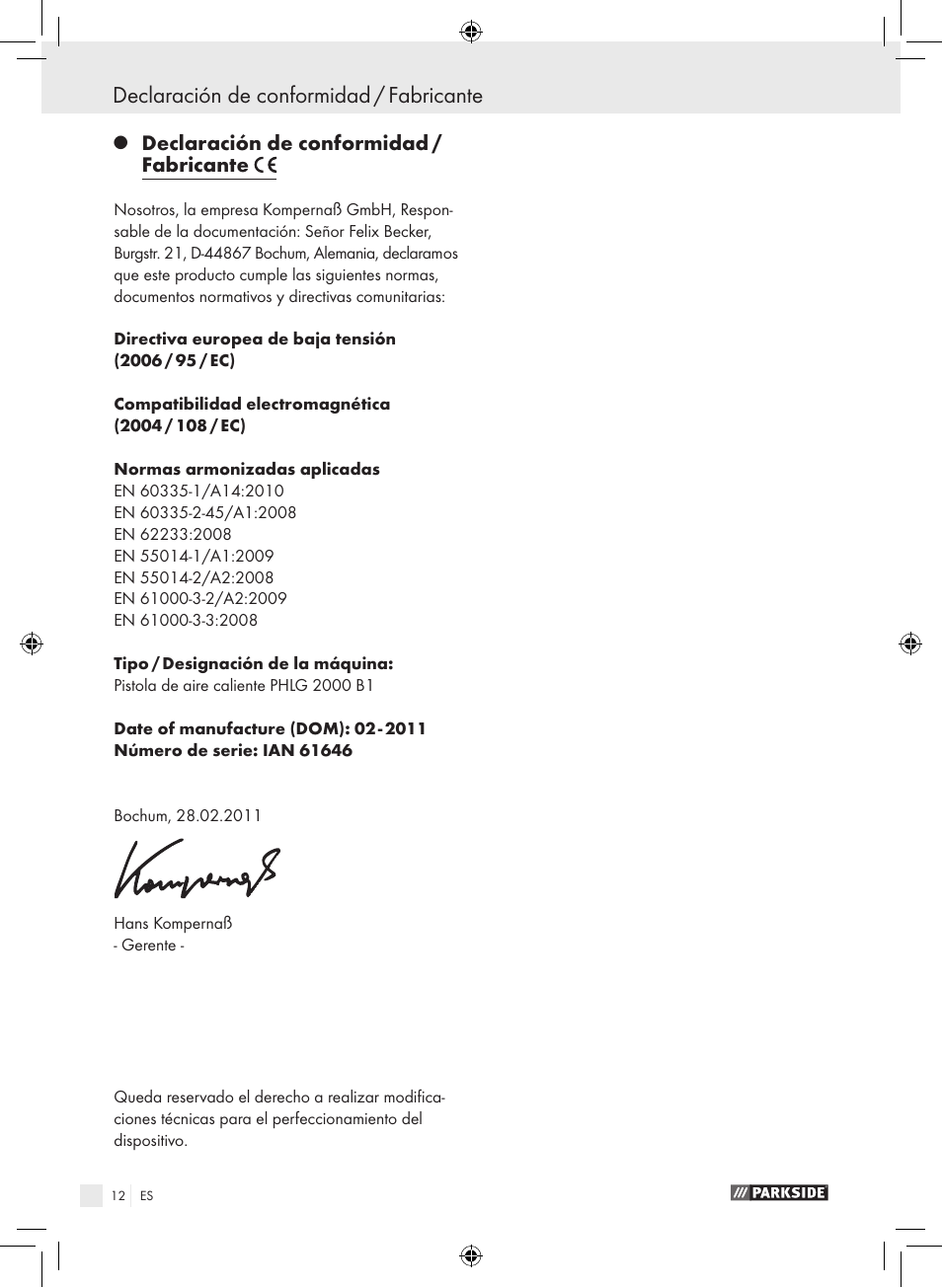 Declaración de conformidad / fabricante | Parkside PHLG 2000 B1 User Manual | Page 11 / 44
