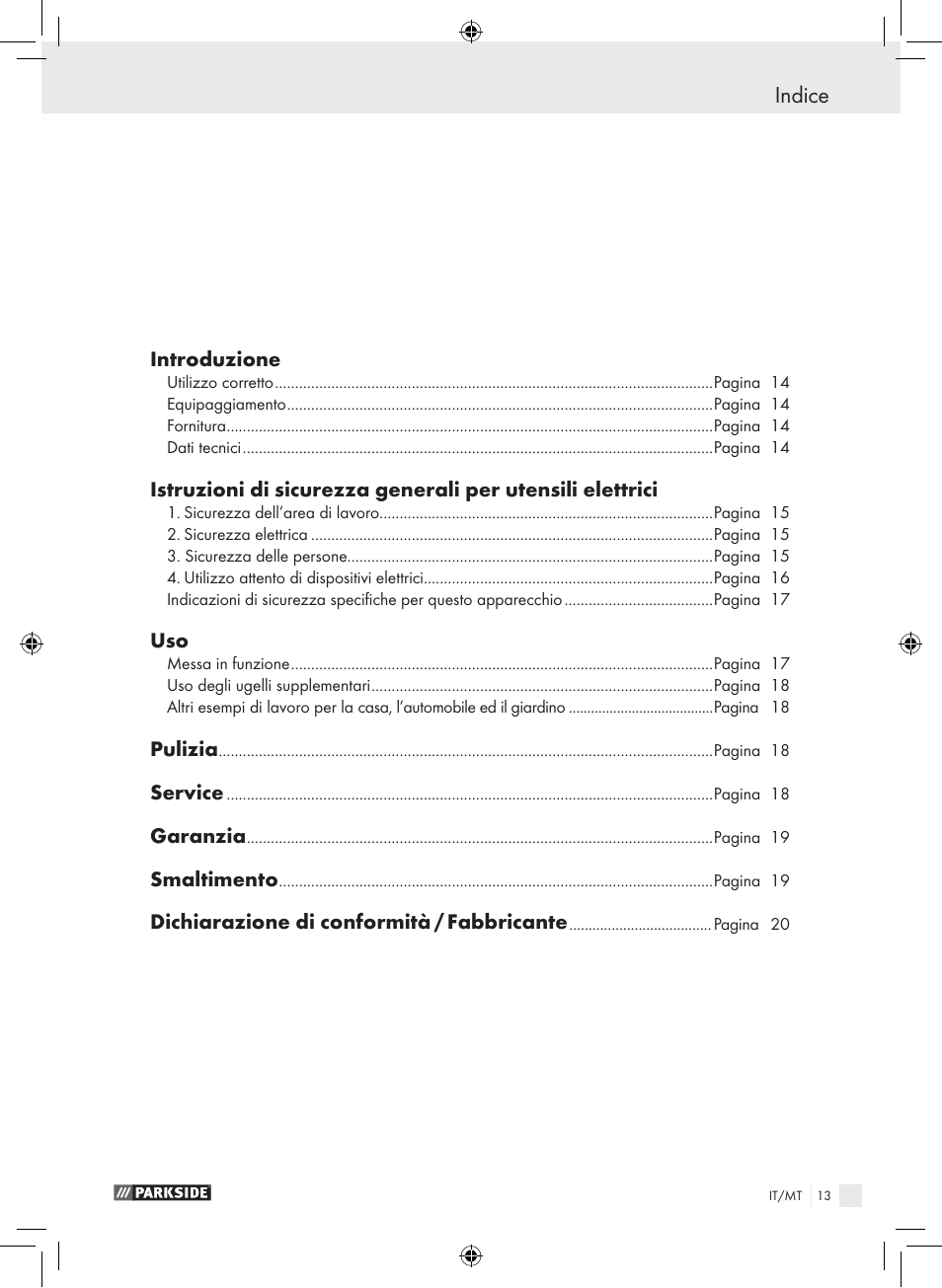 Indice, Introduzione, Pulizia | Service, Garanzia, Smaltimento, Dichiarazione di conformità / fabbricante | Parkside PHLG 2000 B1 User Manual | Page 12 / 44