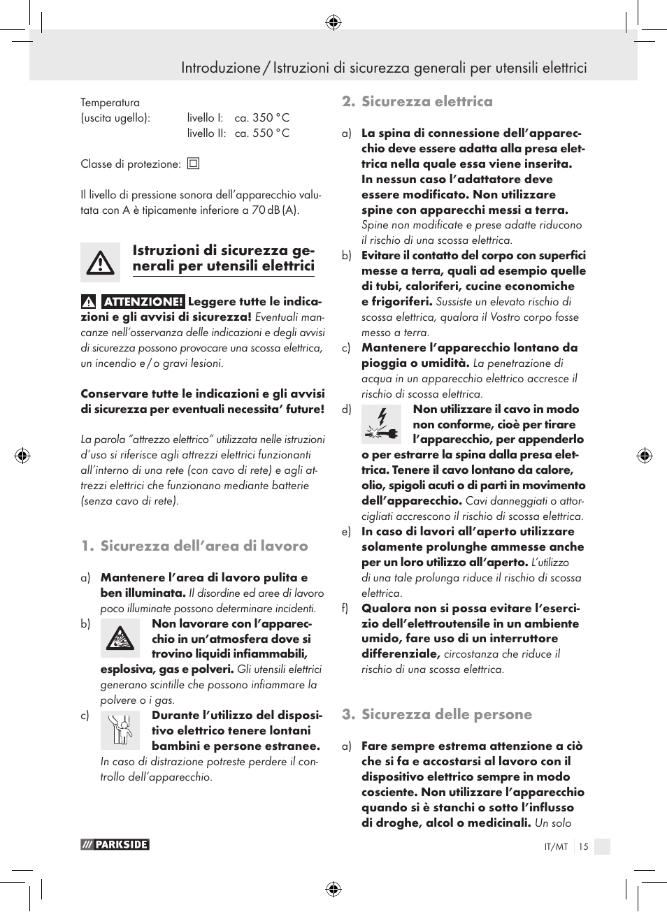 Sicurezza dell’area di lavoro, Sicurezza elettrica, Sicurezza delle persone | Parkside PHLG 2000 B1 User Manual | Page 14 / 44