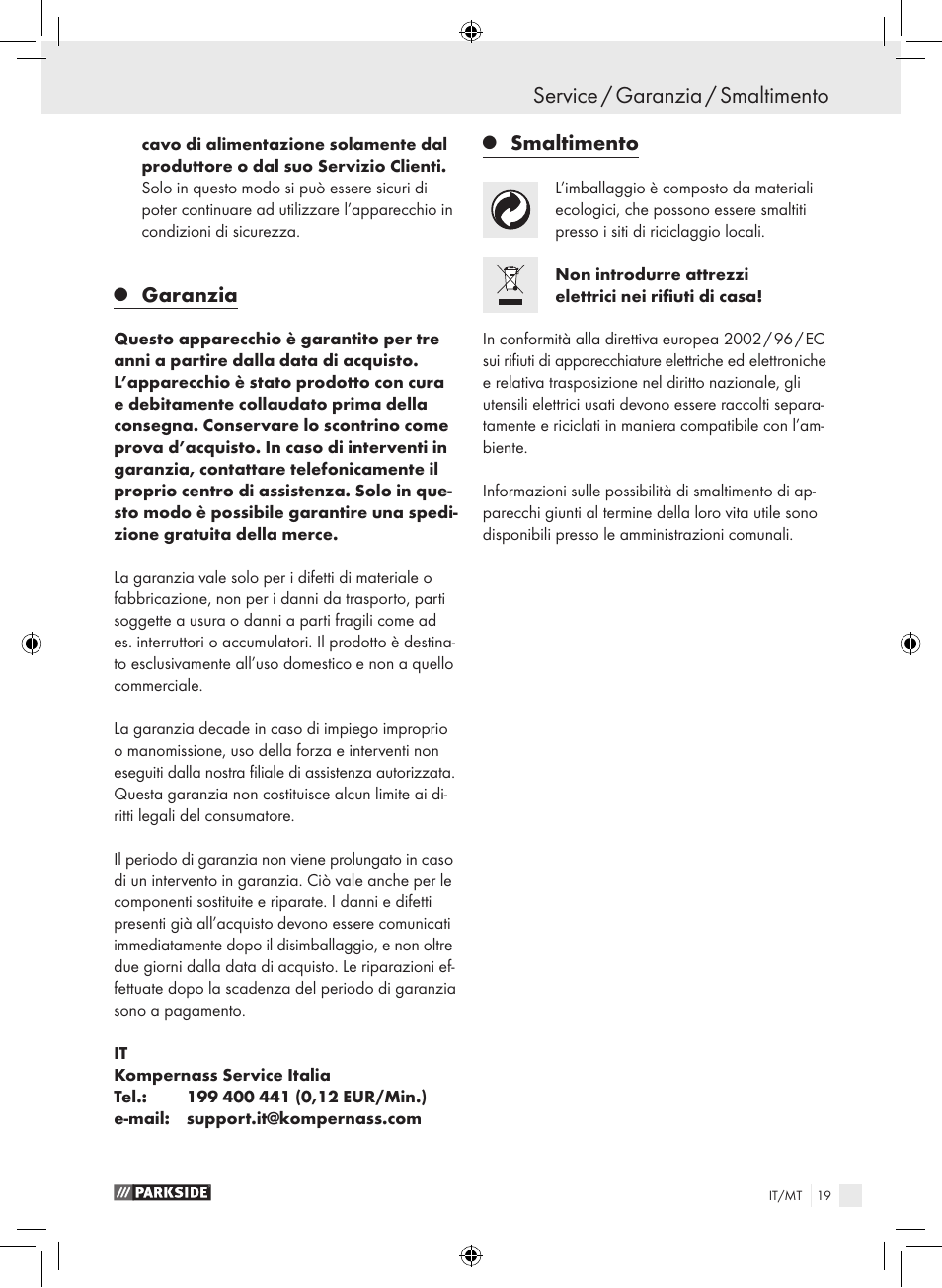 Service / garanzia / smaltimento, Garanzia, Smaltimento | Parkside PHLG 2000 B1 User Manual | Page 18 / 44