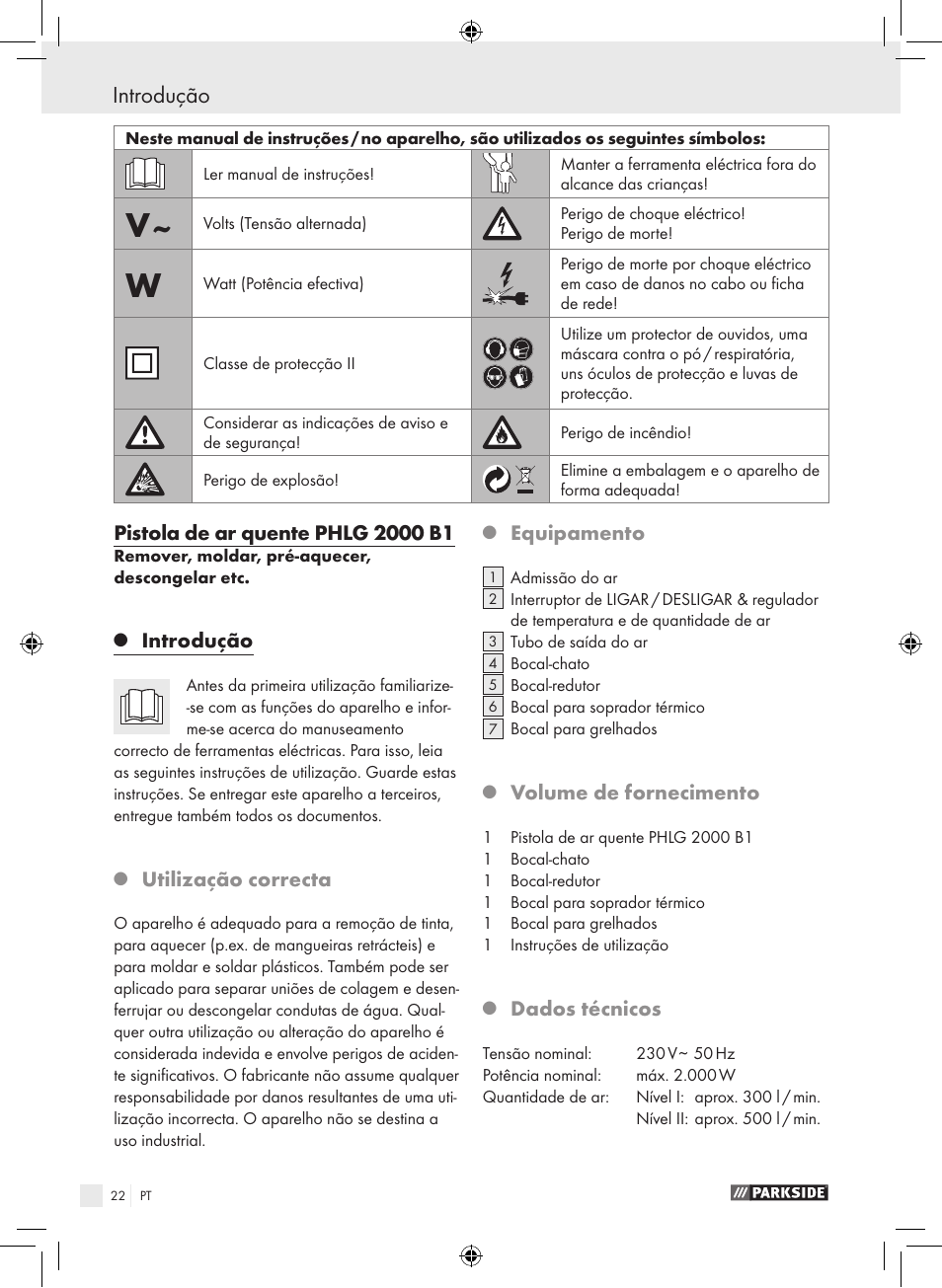 Introdução, Utilização correcta, Equipamento | Volume de fornecimento, Dados técnicos | Parkside PHLG 2000 B1 User Manual | Page 21 / 44