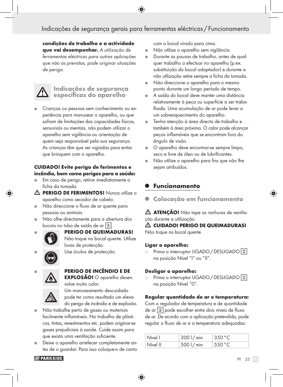 Indicações de segurança específicas do aparelho, Funcionamento, Colocação em funcionamento | Parkside PHLG 2000 B1 User Manual | Page 24 / 44