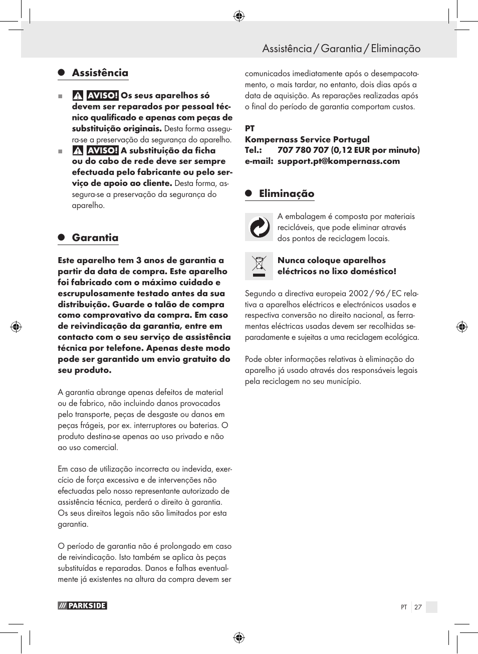 Assistência / garantia / eliminação, Assistência, Garantia | Eliminação | Parkside PHLG 2000 B1 User Manual | Page 26 / 44