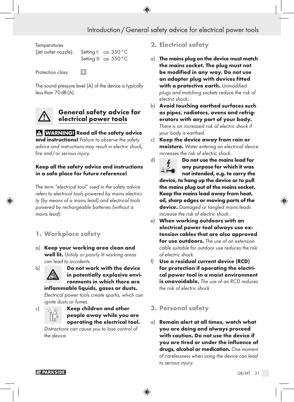 General safety advice for electrical power tools, Workplace safety, Electrical safety | Personal safety | Parkside PHLG 2000 B1 User Manual | Page 30 / 44