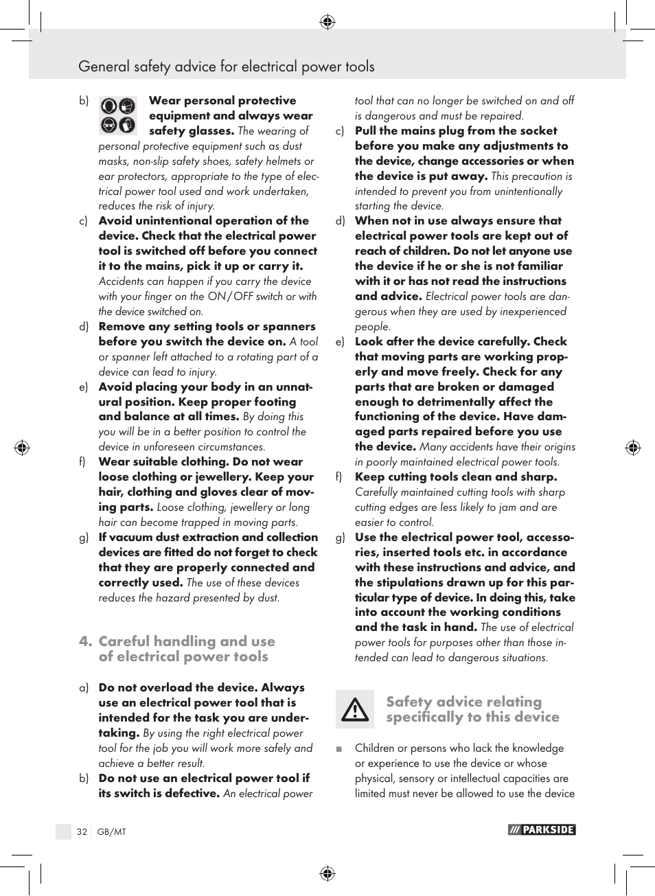 General safety advice for electrical power tools, Careful handling and use of electrical power tools, Safety advice relating specifically to this device | Parkside PHLG 2000 B1 User Manual | Page 31 / 44