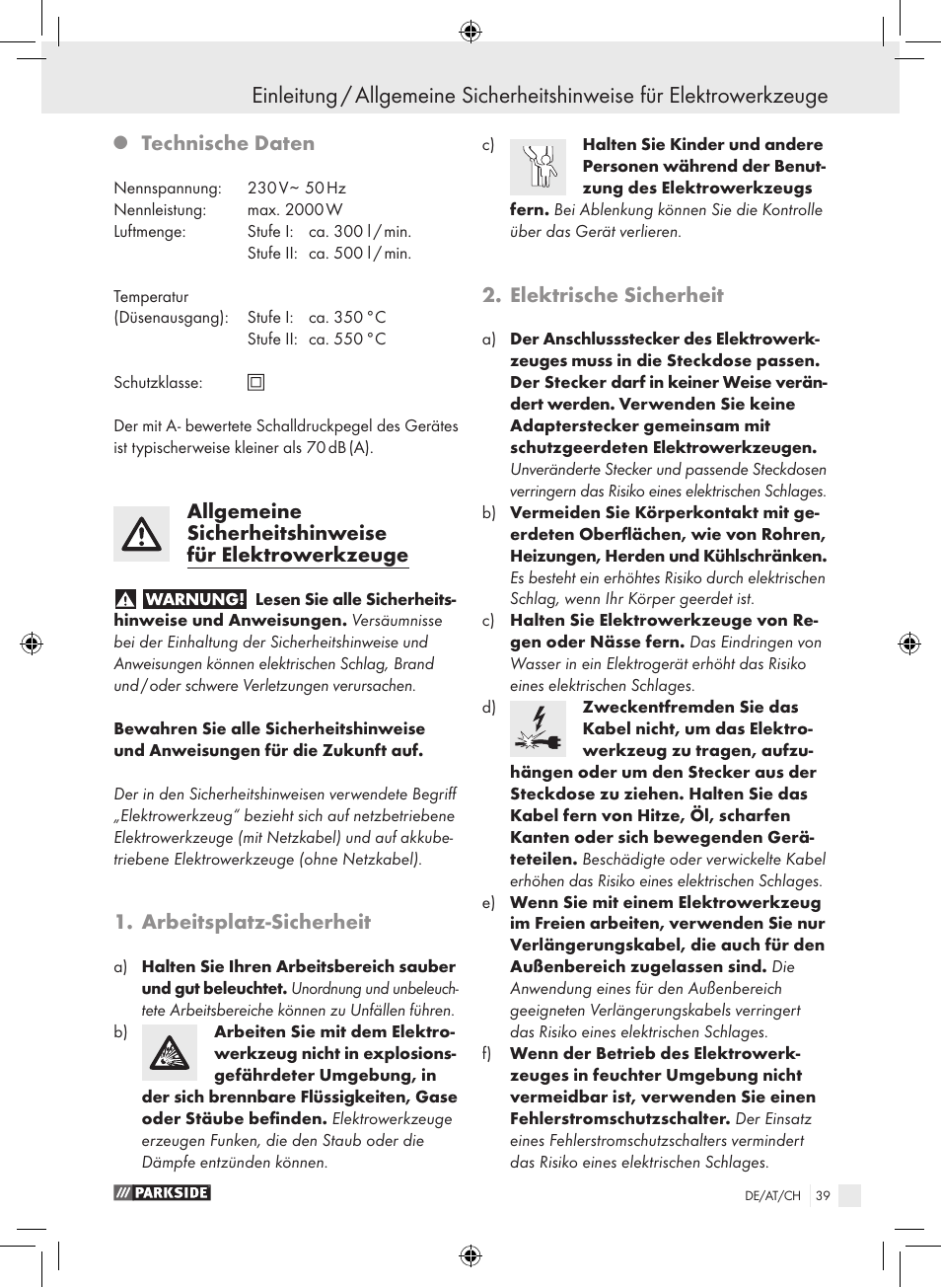 Technische daten, Arbeitsplatz-sicherheit, Elektrische sicherheit | Parkside PHLG 2000 B1 User Manual | Page 38 / 44