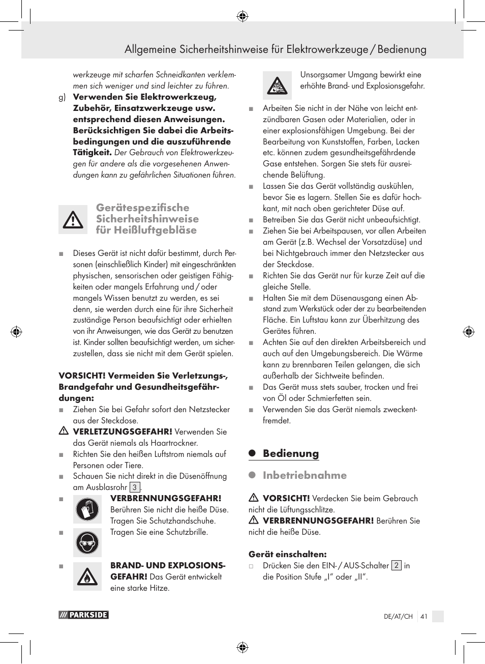 Bedienung, Inbetriebnahme | Parkside PHLG 2000 B1 User Manual | Page 40 / 44