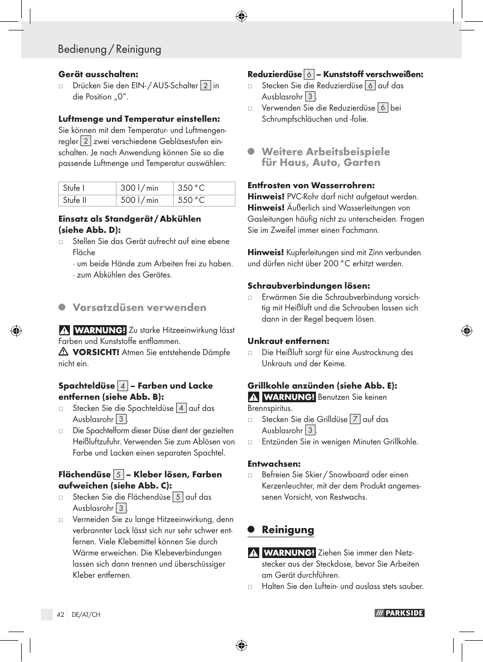 Bedienung / reinigung, Vorsatzdüsen verwenden, Weitere arbeitsbeispiele für haus, auto, garten | Reinigung | Parkside PHLG 2000 B1 User Manual | Page 41 / 44