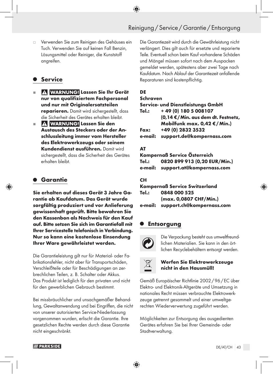 Reinigung / service / garantie / entsorgung, Service, Garantie | Entsorgung | Parkside PHLG 2000 B1 User Manual | Page 42 / 44