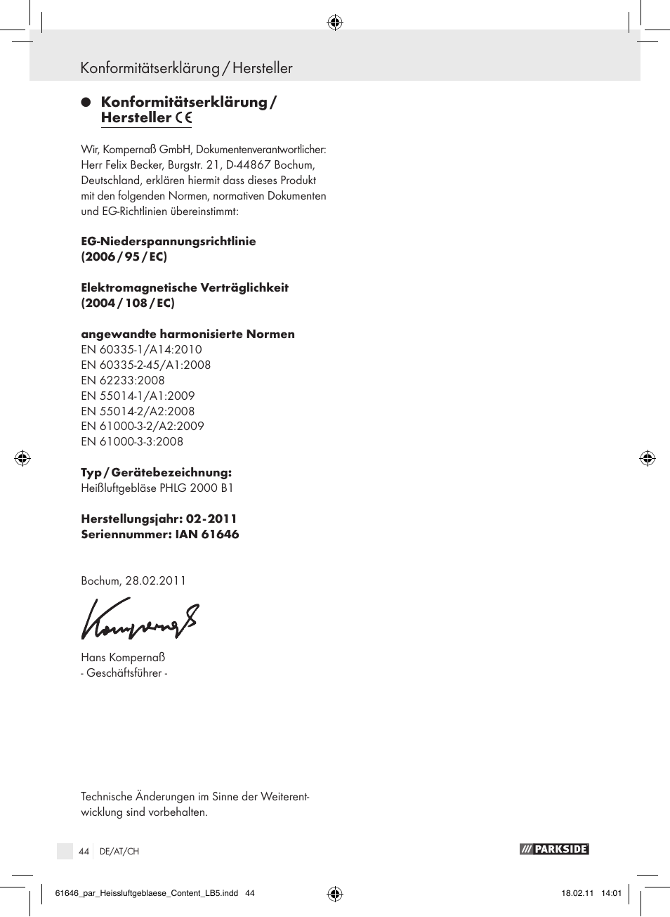 Konformitätserklärung / hersteller | Parkside PHLG 2000 B1 User Manual | Page 43 / 44