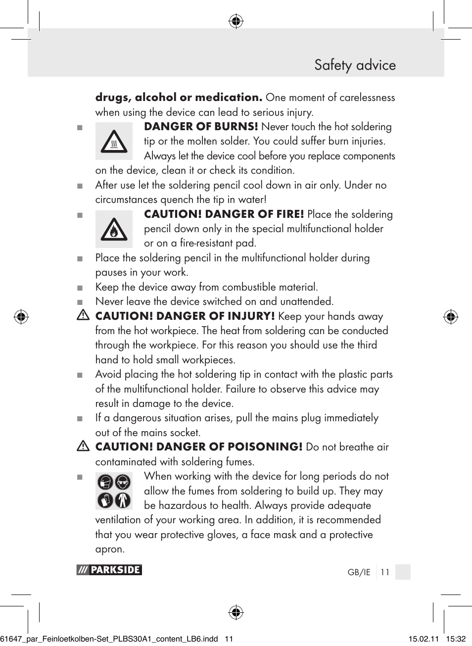 Safety advice | Parkside PLBS 30 A1 User Manual | Page 10 / 20
