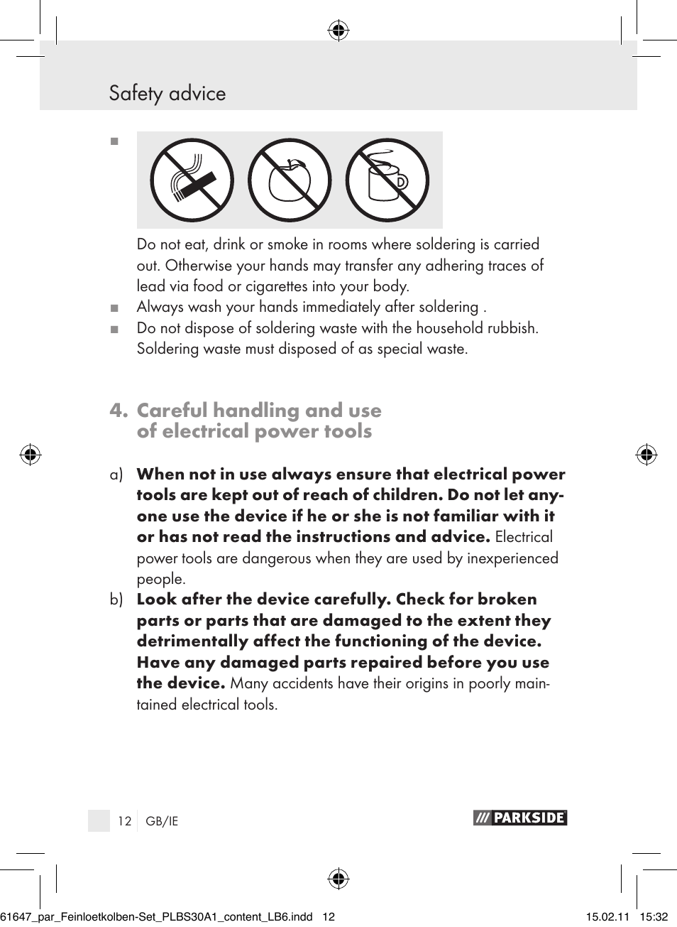 Safety advice, Careful handling and use of electrical power tools | Parkside PLBS 30 A1 User Manual | Page 11 / 20