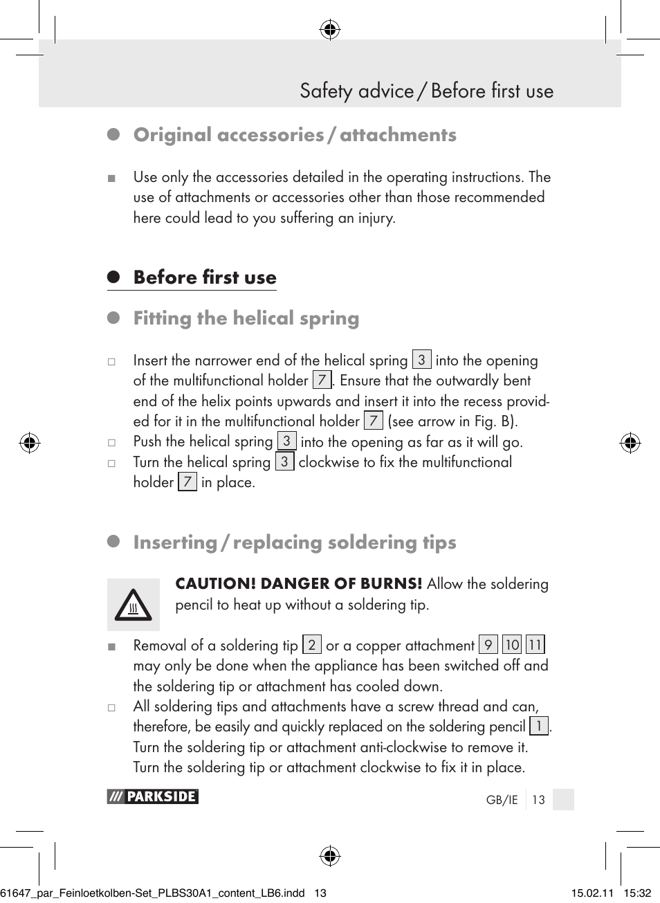 Safety advice / before first use, Original accessories / attachments, Before first use | Fitting the helical spring, Inserting / replacing soldering tips | Parkside PLBS 30 A1 User Manual | Page 12 / 20