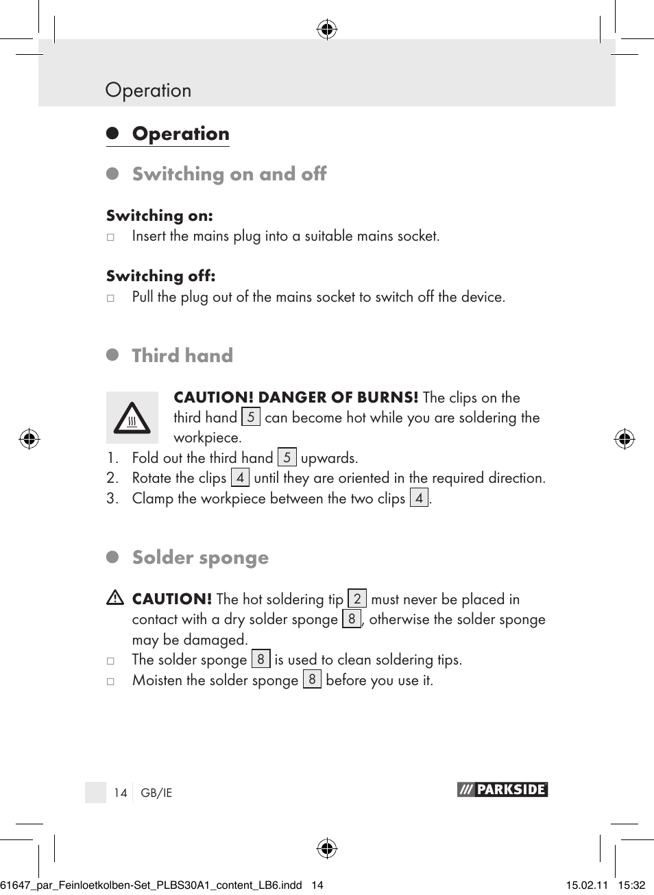 Operation, Switching on and off, Third hand | Solder sponge | Parkside PLBS 30 A1 User Manual | Page 13 / 20