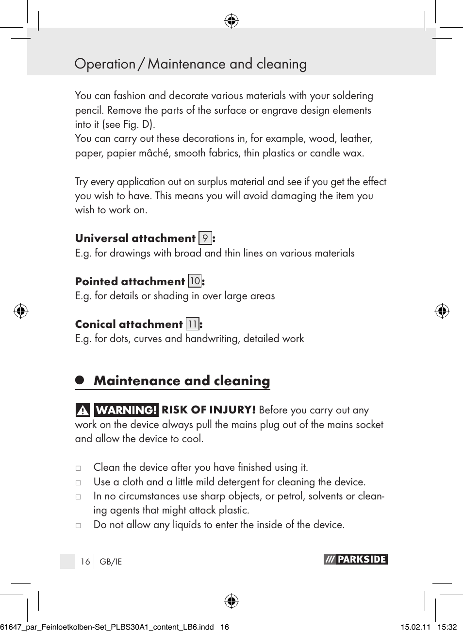 Operation / maintenance and cleaning, Maintenance and cleaning | Parkside PLBS 30 A1 User Manual | Page 15 / 20