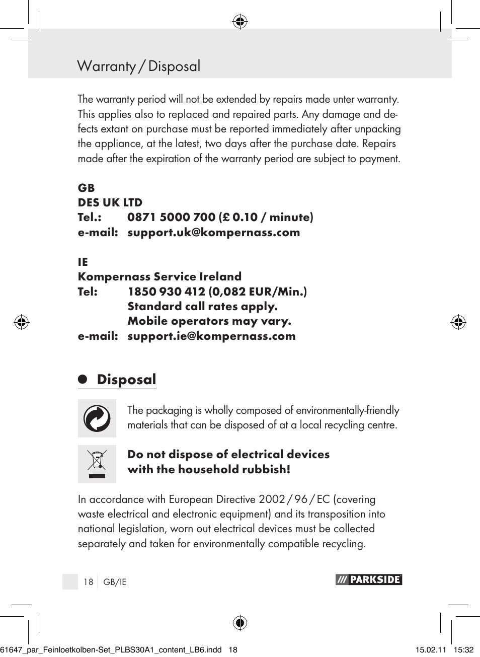 Warranty / disposal, Disposal | Parkside PLBS 30 A1 User Manual | Page 17 / 20