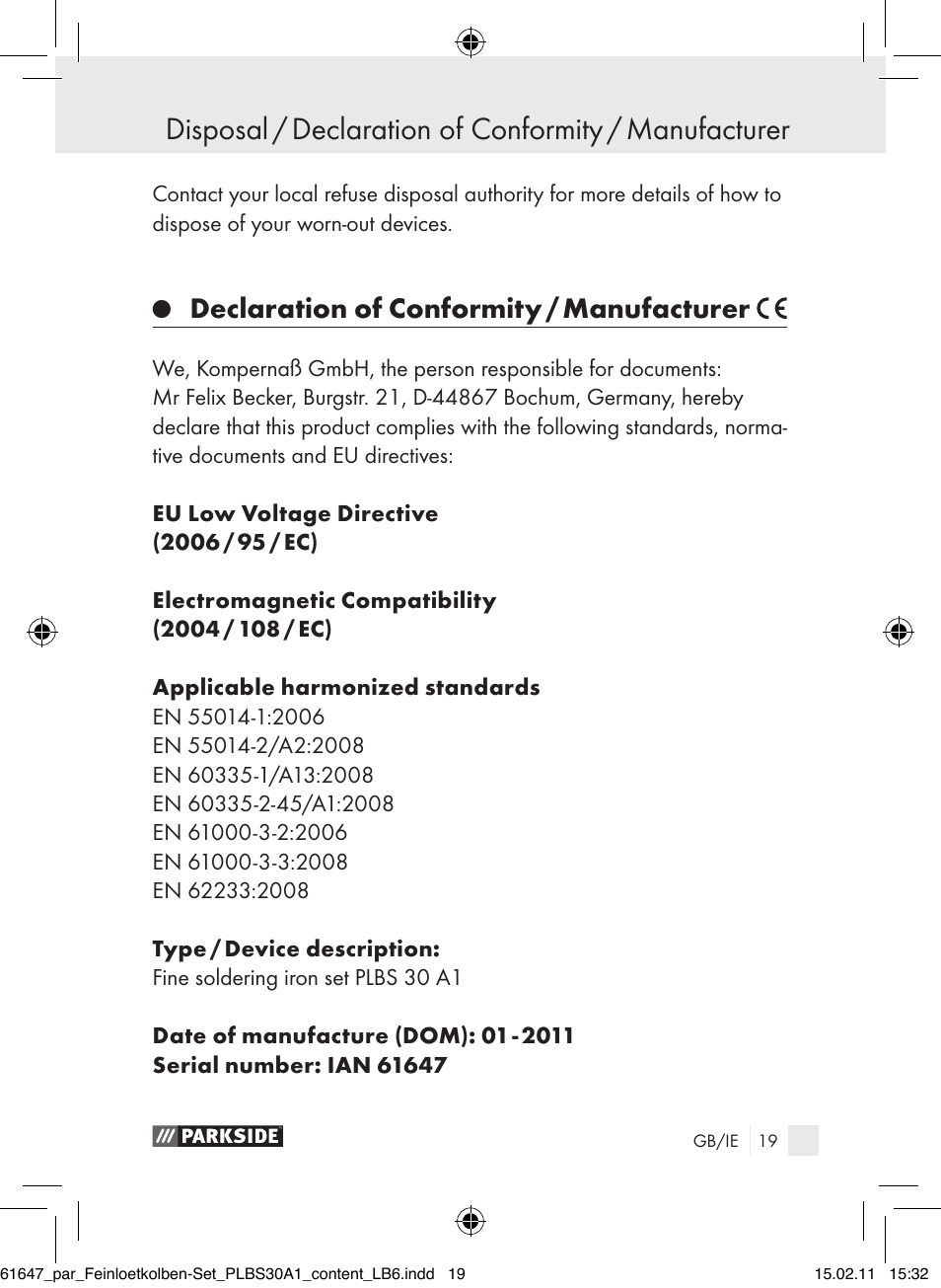 Declaration of conformity / manufacturer | Parkside PLBS 30 A1 User Manual | Page 18 / 20
