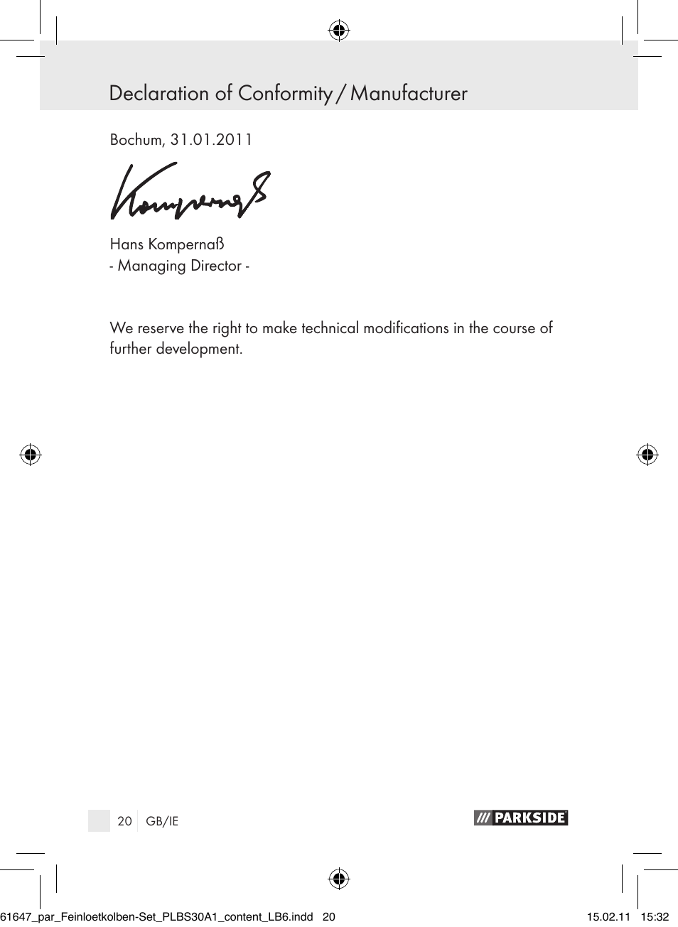 Declaration of conformity / manufacturer | Parkside PLBS 30 A1 User Manual | Page 19 / 20