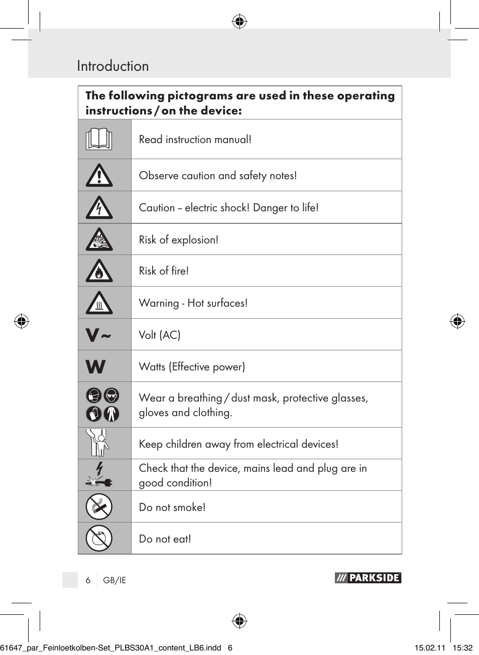 Introduction | Parkside PLBS 30 A1 User Manual | Page 5 / 20