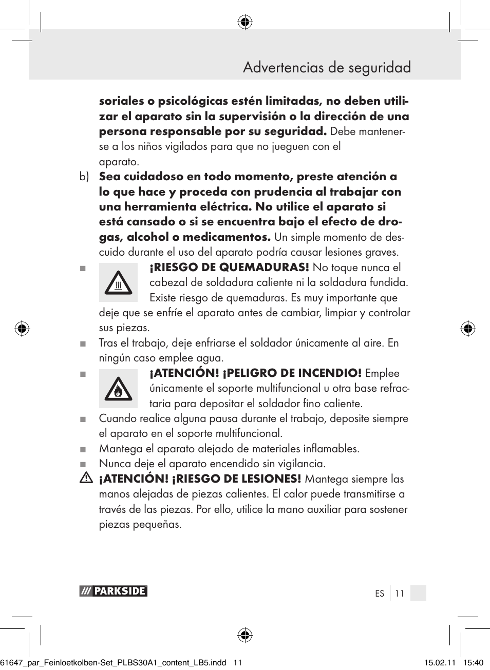 Advertencias de seguridad | Parkside PLBS 30 A1 User Manual | Page 10 / 89