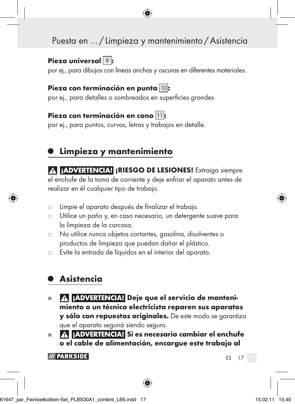 Limpieza y mantenimiento, Asistencia | Parkside PLBS 30 A1 User Manual | Page 16 / 89