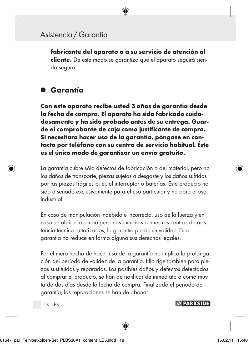 Asistencia / garantía, Garantía | Parkside PLBS 30 A1 User Manual | Page 17 / 89