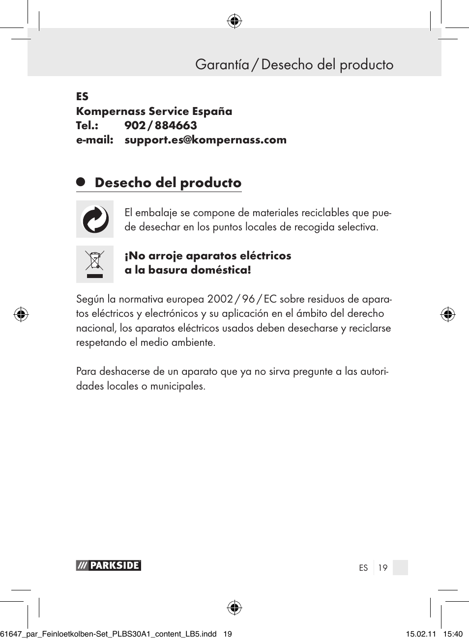 Garantía / desecho del producto, Desecho del producto | Parkside PLBS 30 A1 User Manual | Page 18 / 89