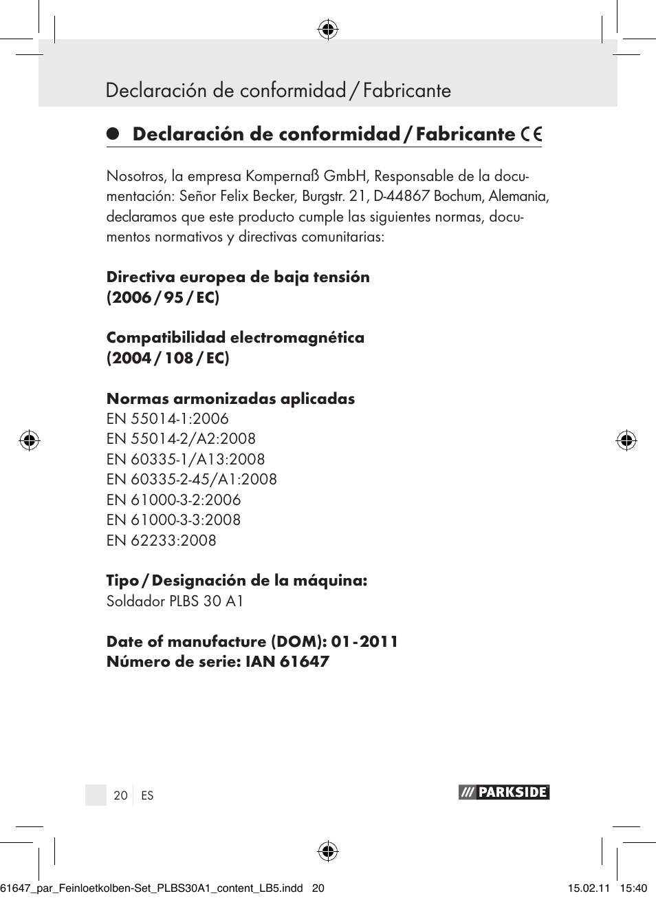 Declaración de conformidad / fabricante | Parkside PLBS 30 A1 User Manual | Page 19 / 89