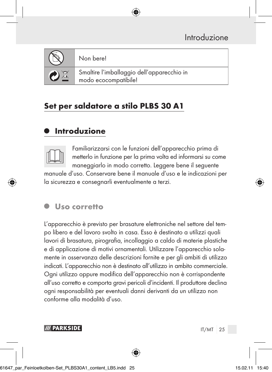 Introduzione, Set per saldatore a stilo plbs 30 a1, Uso corretto | Parkside PLBS 30 A1 User Manual | Page 24 / 89