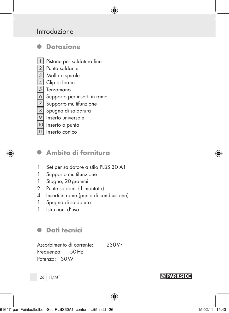 Introduzione, Dotazione, Ambito di fornitura | Dati tecnici | Parkside PLBS 30 A1 User Manual | Page 25 / 89