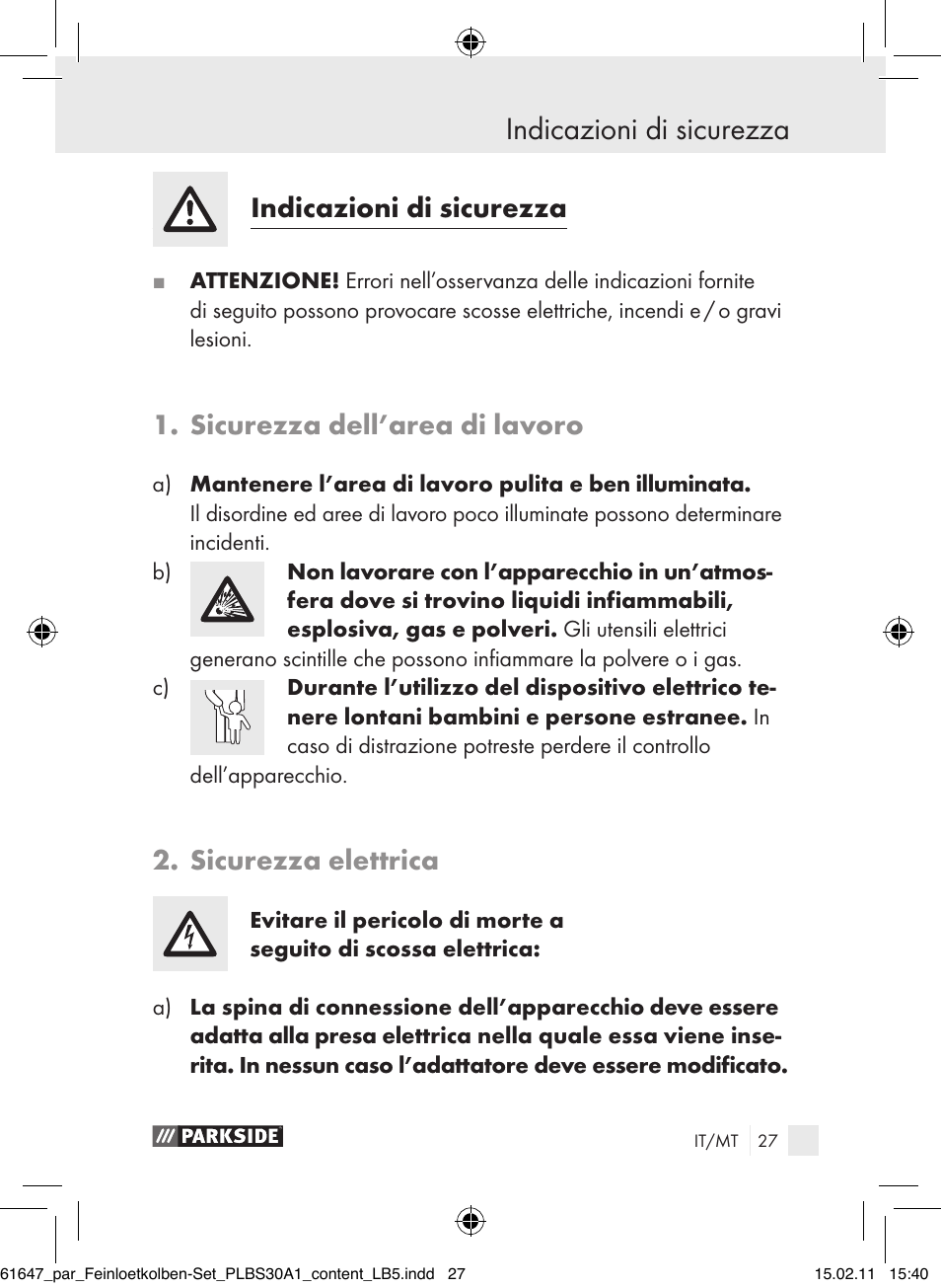 Indicazioni di sicurezza, Sicurezza dell’area di lavoro, Sicurezza elettrica | Parkside PLBS 30 A1 User Manual | Page 26 / 89