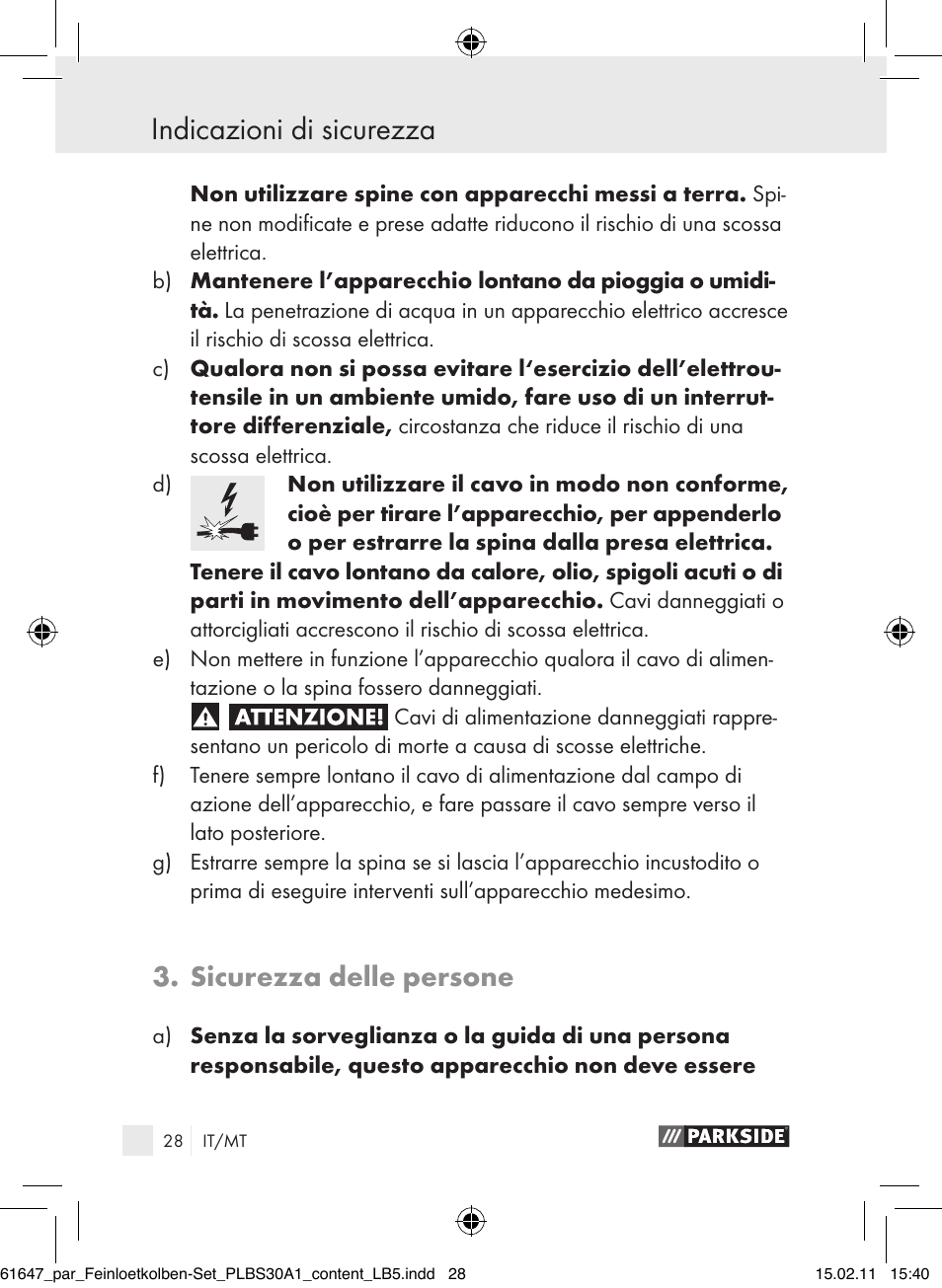 Indicazioni di sicurezza, Sicurezza delle persone | Parkside PLBS 30 A1 User Manual | Page 27 / 89