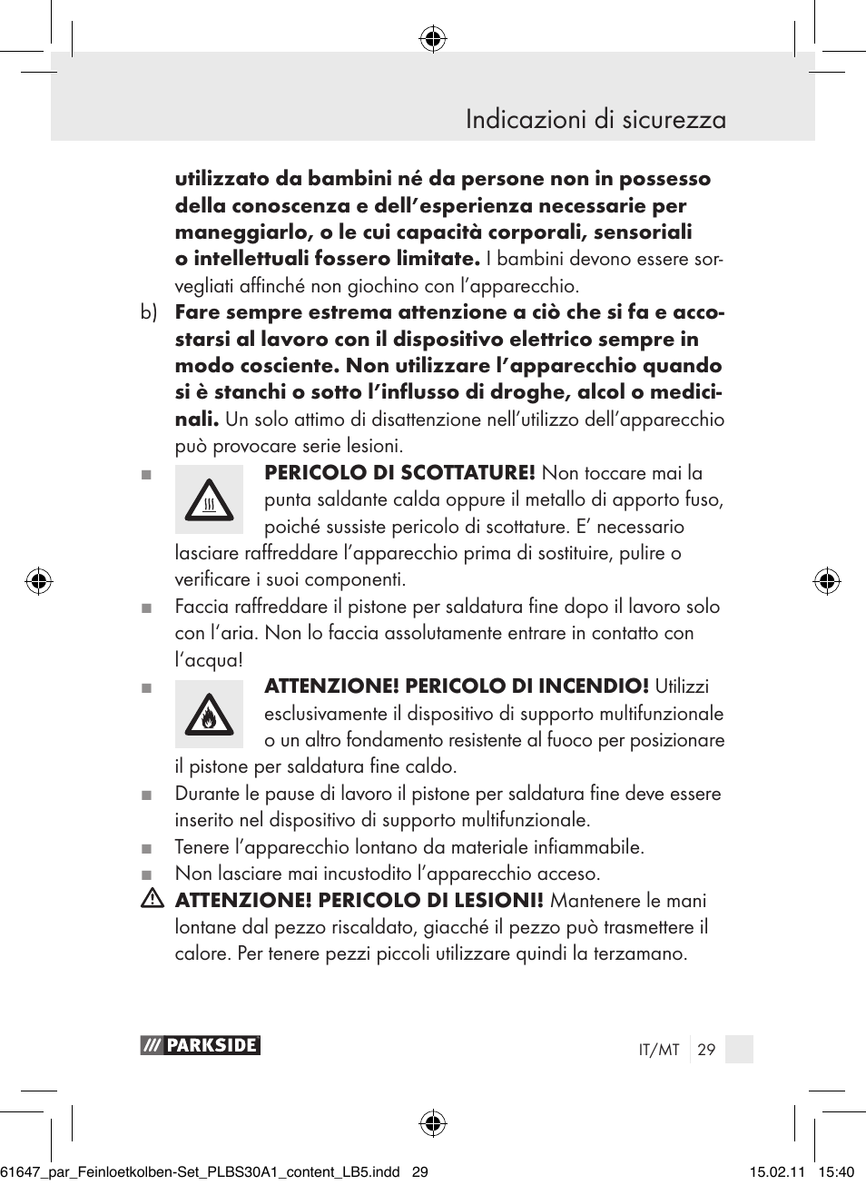 Indicazioni di sicurezza | Parkside PLBS 30 A1 User Manual | Page 28 / 89