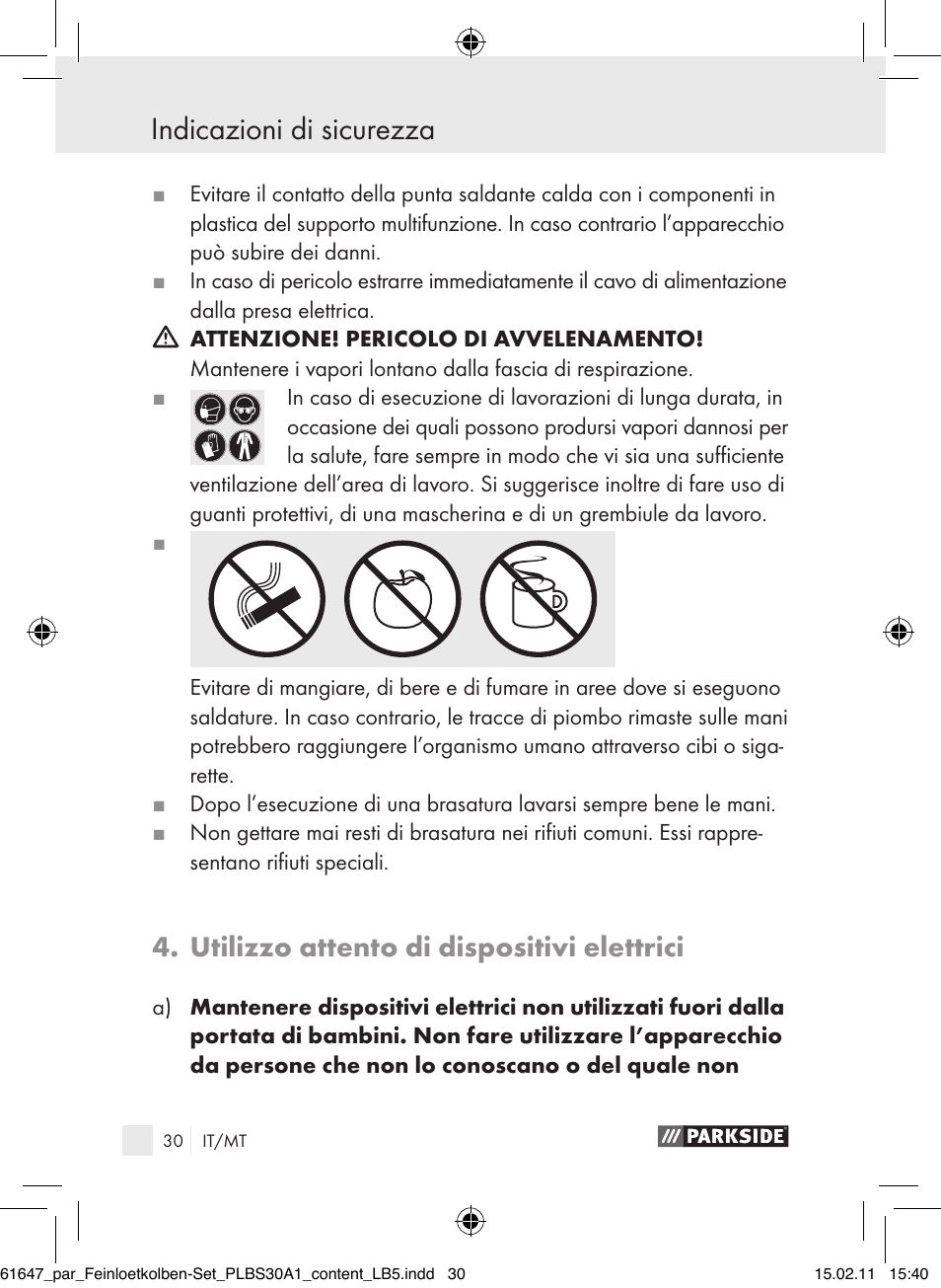 Indicazioni di sicurezza, Utilizzo attento di dispositivi elettrici | Parkside PLBS 30 A1 User Manual | Page 29 / 89