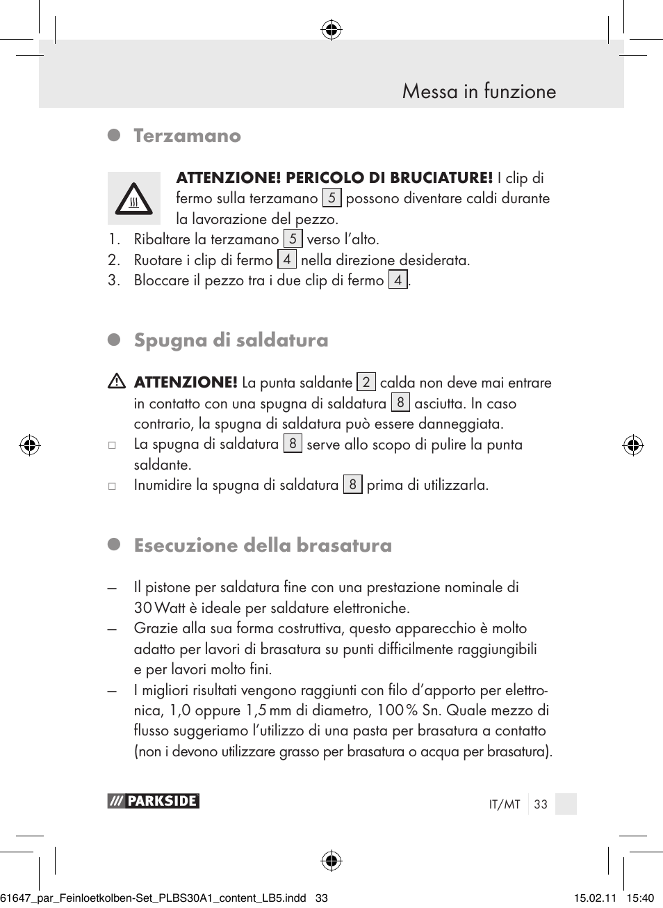 Messa in funzione, Terzamano, Spugna di saldatura | Esecuzione della brasatura | Parkside PLBS 30 A1 User Manual | Page 32 / 89