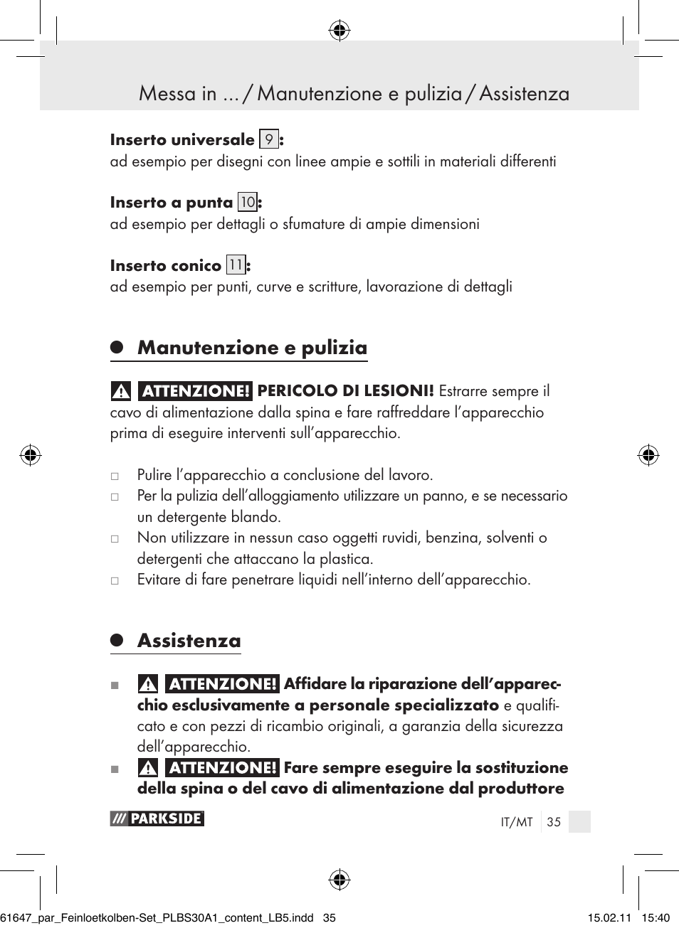 Messa in … / manutenzione e pulizia / assistenza, Manutenzione e pulizia, Assistenza | Parkside PLBS 30 A1 User Manual | Page 34 / 89