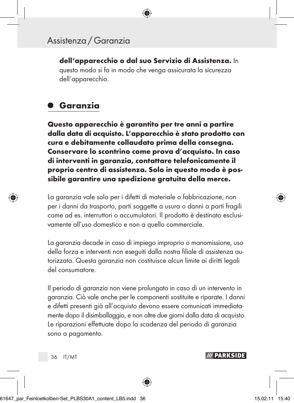 Assistenza / garanzia, Garanzia | Parkside PLBS 30 A1 User Manual | Page 35 / 89