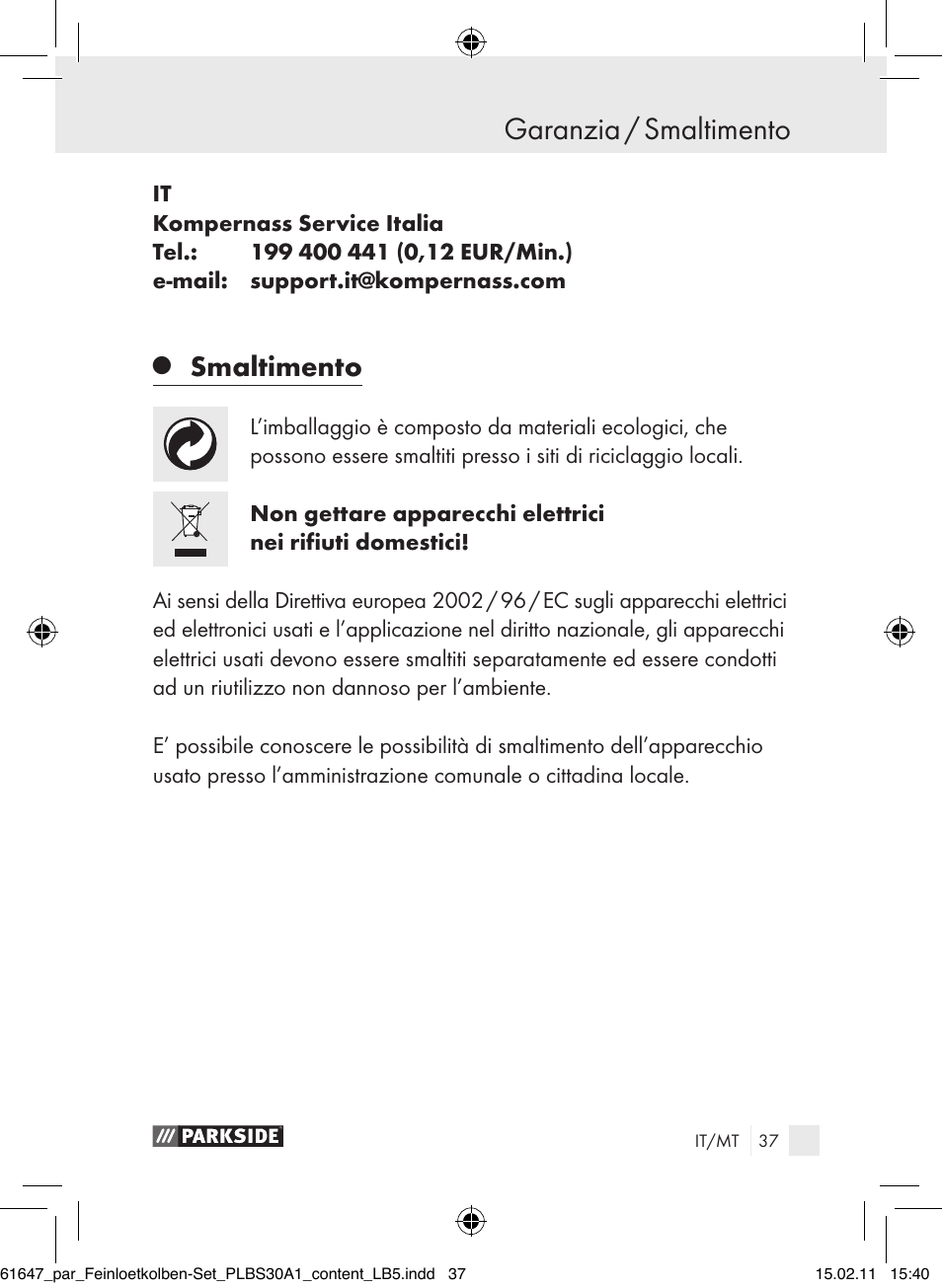 Garanzia / smaltimento, Smaltimento | Parkside PLBS 30 A1 User Manual | Page 36 / 89