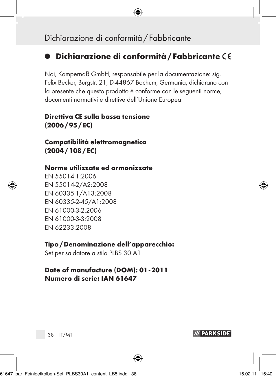 Dichiarazione di conformità / fabbricante | Parkside PLBS 30 A1 User Manual | Page 37 / 89