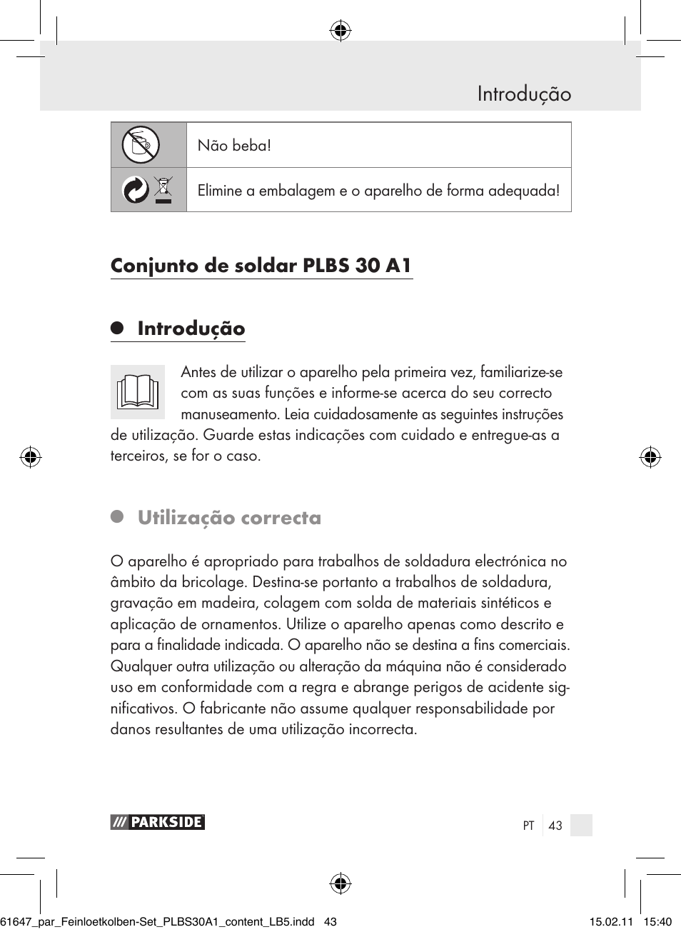 Introdução, Conjunto de soldar plbs 30 a1, Utilização correcta | Parkside PLBS 30 A1 User Manual | Page 42 / 89