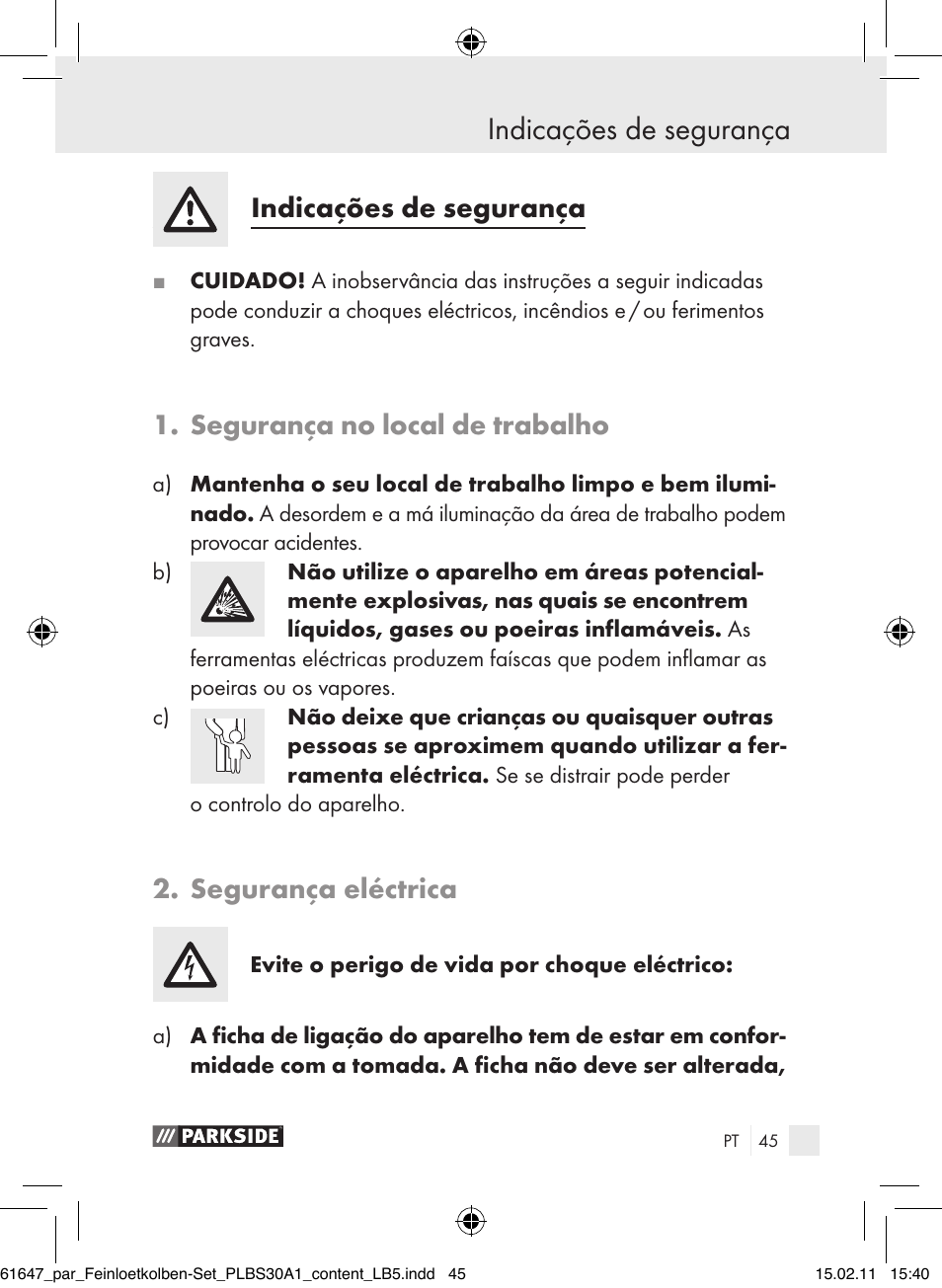 Indicações de segurança, Segurança no local de trabalho, Segurança eléctrica | Parkside PLBS 30 A1 User Manual | Page 44 / 89