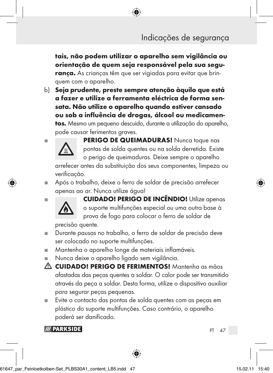 Indicações de segurança | Parkside PLBS 30 A1 User Manual | Page 46 / 89