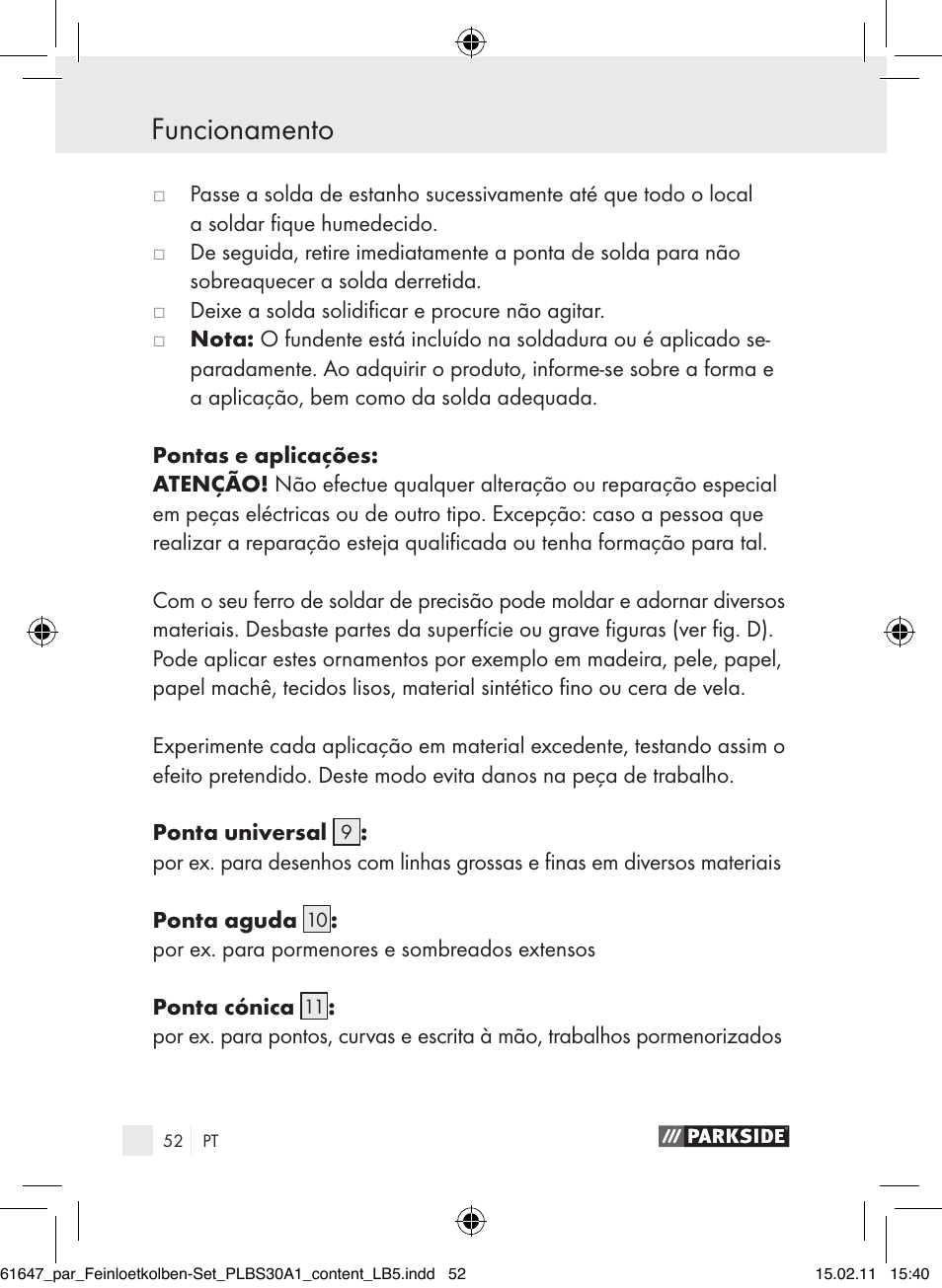 Funcionamento | Parkside PLBS 30 A1 User Manual | Page 51 / 89