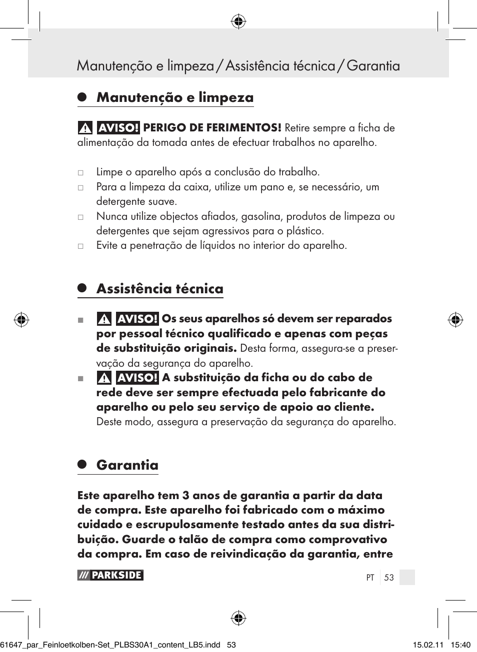 Manutenção e limpeza, Assistência técnica, Garantia | Parkside PLBS 30 A1 User Manual | Page 52 / 89