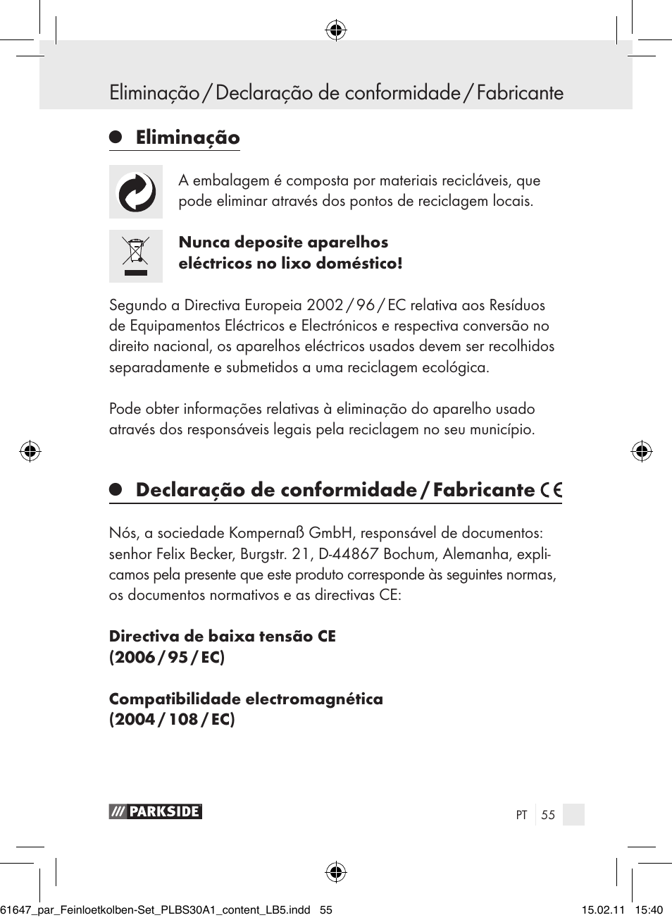 Eliminação, Declaração de conformidade / fabricante | Parkside PLBS 30 A1 User Manual | Page 54 / 89