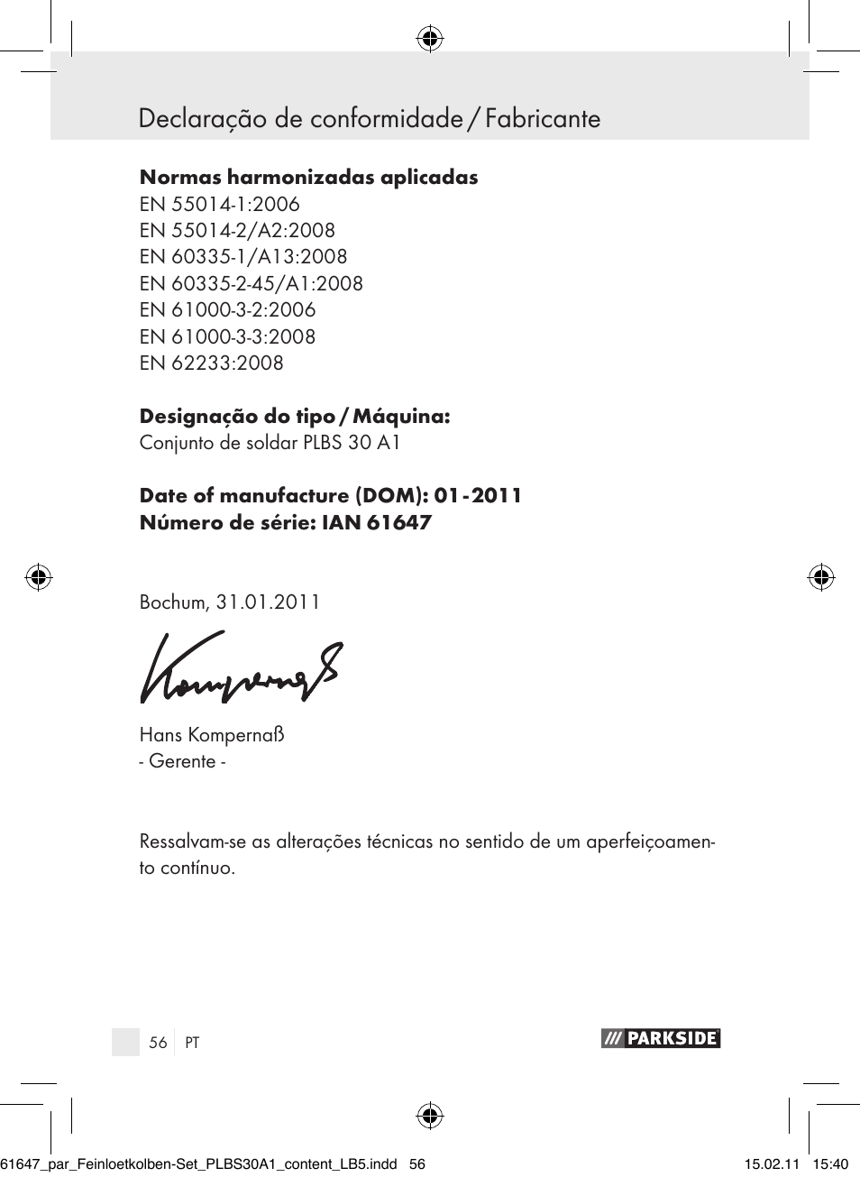 Declaração de conformidade / fabricante | Parkside PLBS 30 A1 User Manual | Page 55 / 89