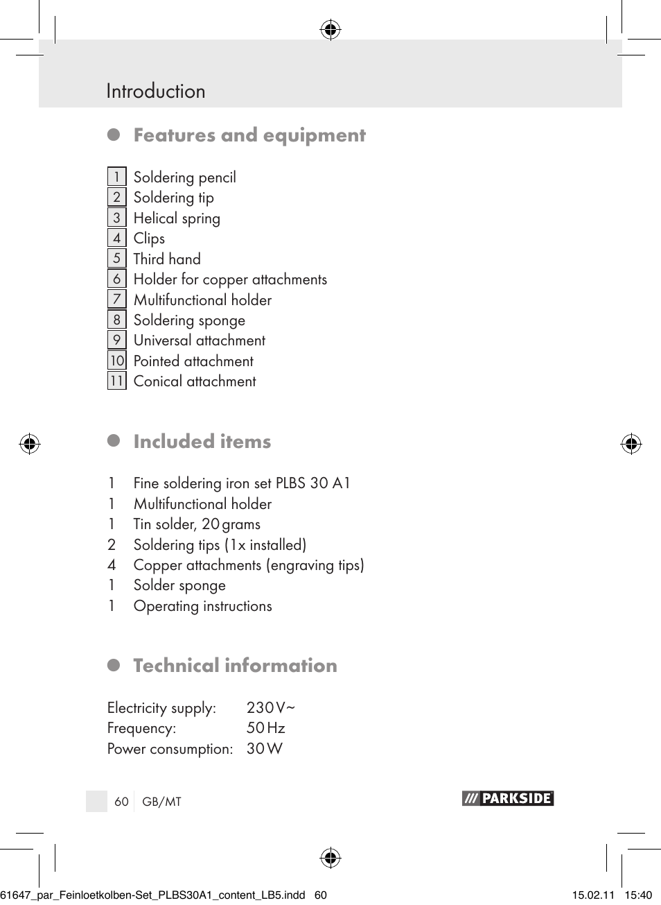 Introduction, Features and equipment, Included items | Technical information | Parkside PLBS 30 A1 User Manual | Page 59 / 89