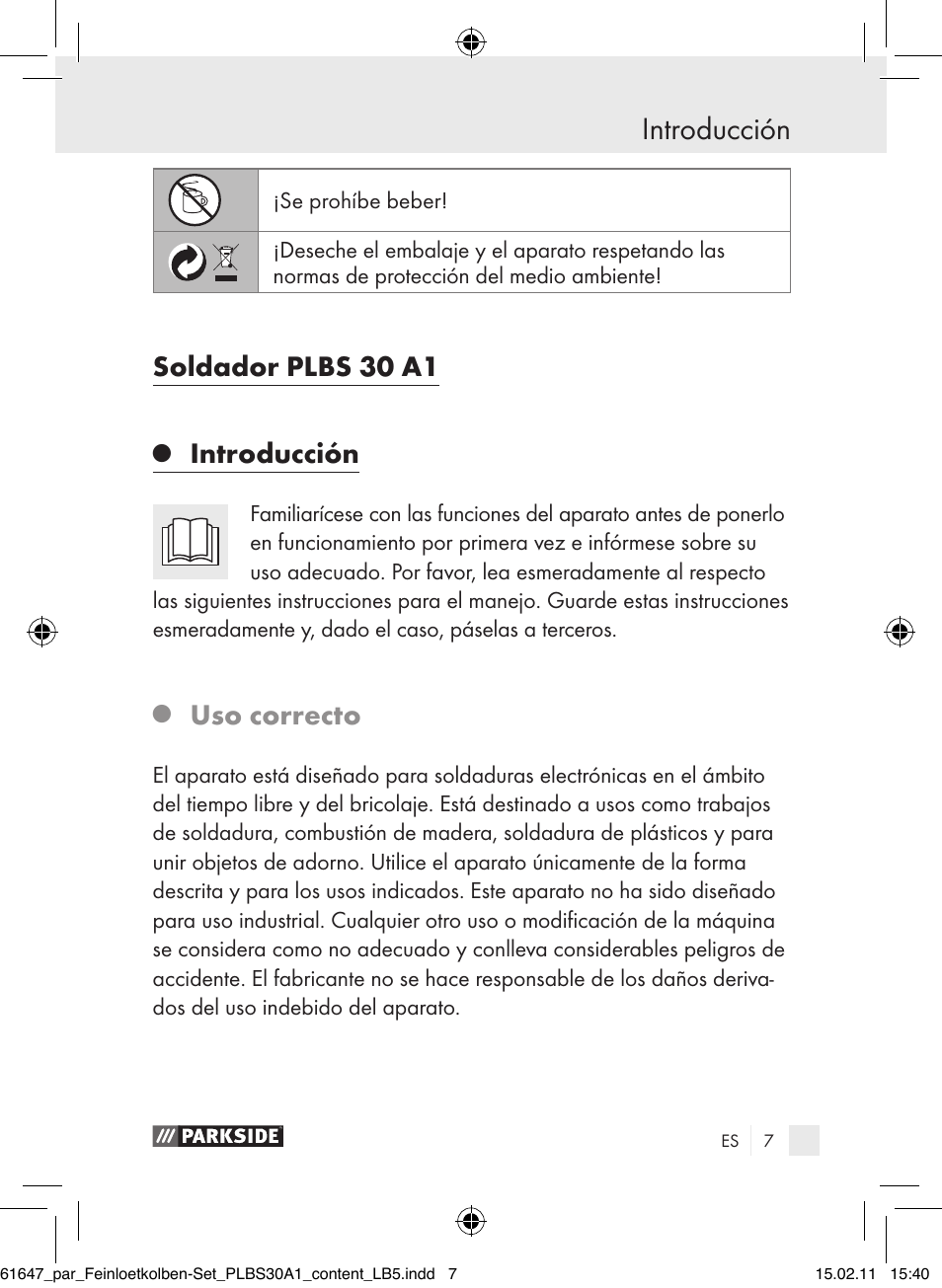 Introducción, Soldador plbs 30 a1, Uso correcto | Parkside PLBS 30 A1 User Manual | Page 6 / 89